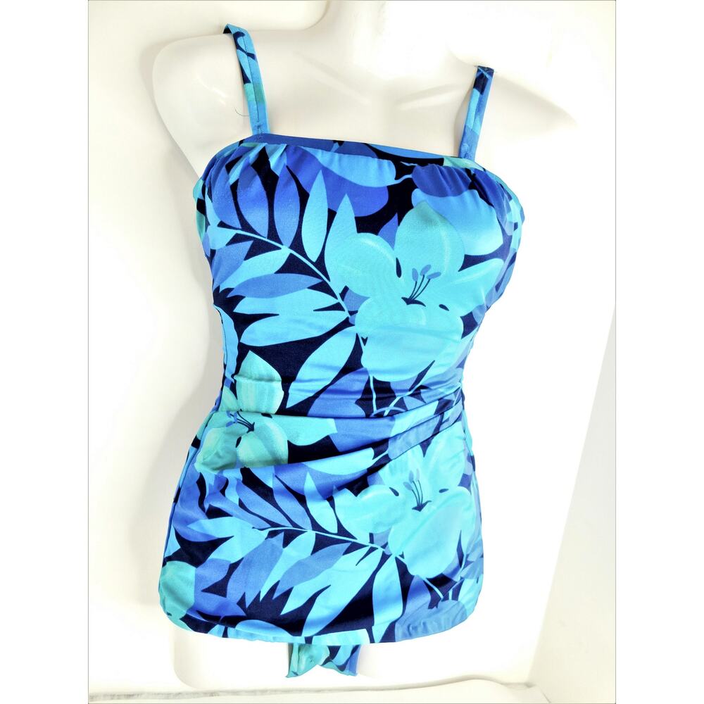 Vintage Roxanne Perfection Fit One Piece Swimsuit Blue Floral 10/32B Ruched